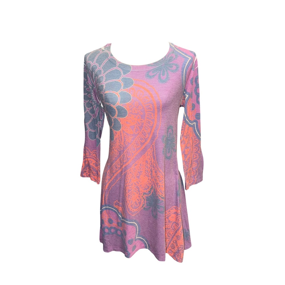Before + Again Tunic Dress Womens M Purple Excellent Floral Paisley Butter Knit